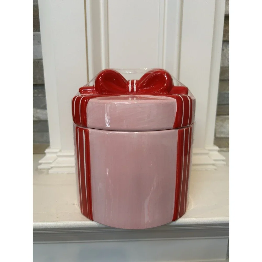 Ashland Berry Jolly Christmas Ceramic Canister With Lid Pink Red Striped 6x6”